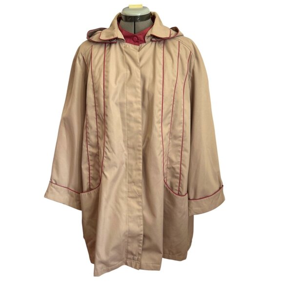 Vtg Aurora International By Abbmoor Beige Hooded Raincoat Burgundy Piping 2X - Picture 1 of 9
